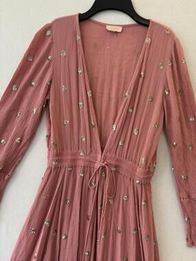 GOA Kimono Womens Medium Pink Sequin Polka Dot Maxi Bell Sleeve Boho V Neck